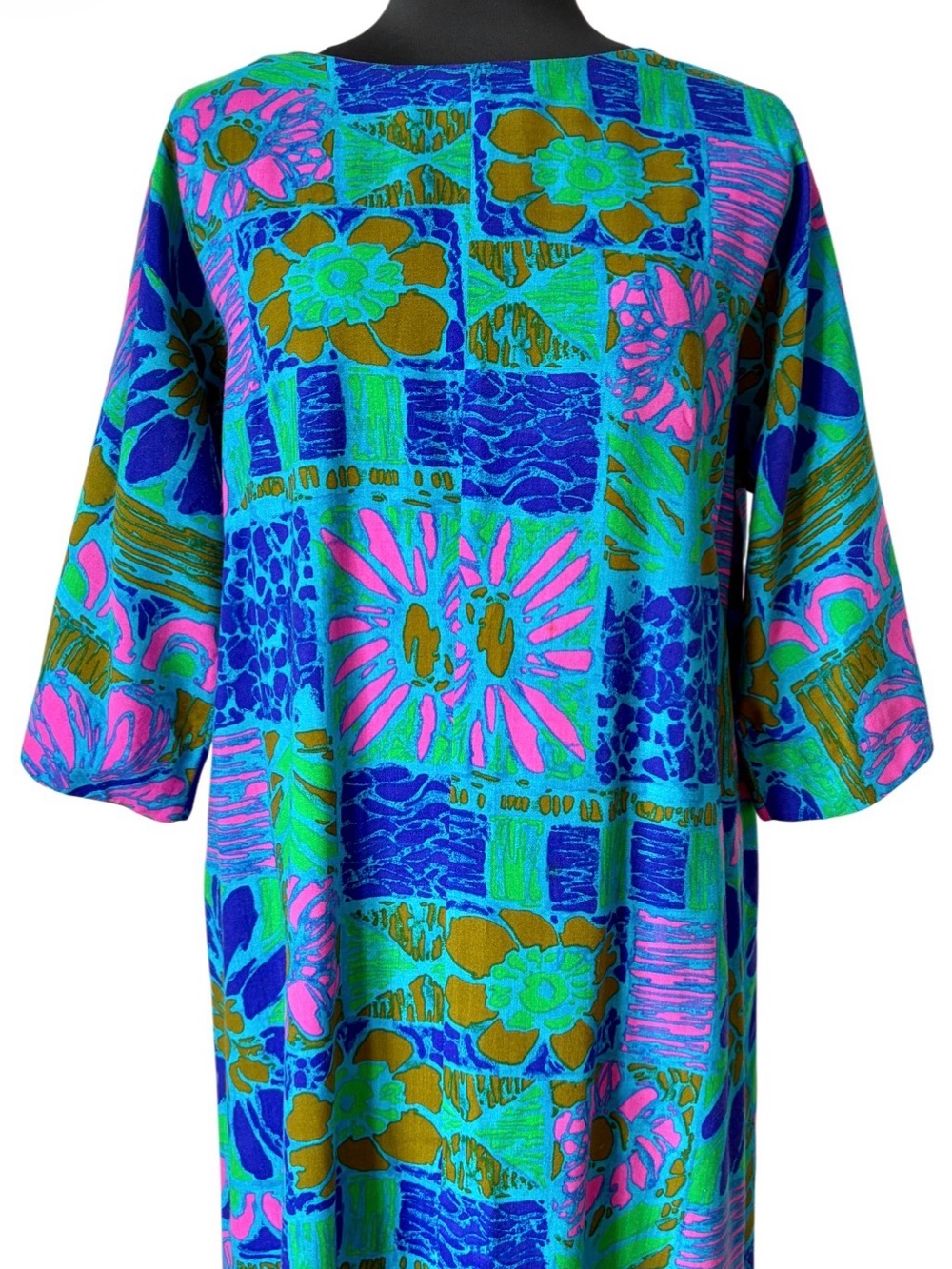 Vintage Hawaiian Maxi Dress Lounge Kaftan Abstract Floral Bell Sleeve L XL
